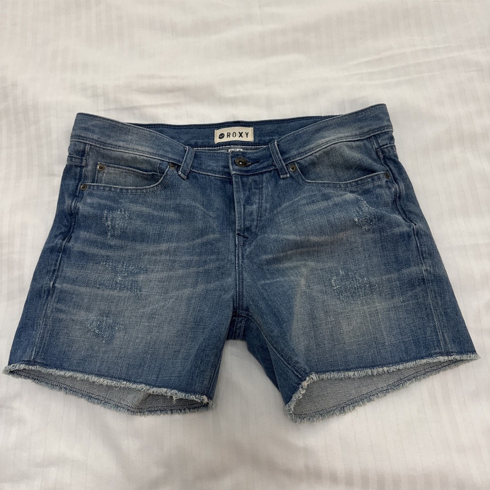 Roxy Womens Distressed Denim Cut Off Shorts Blue Medium Wash Button Fly Size 27